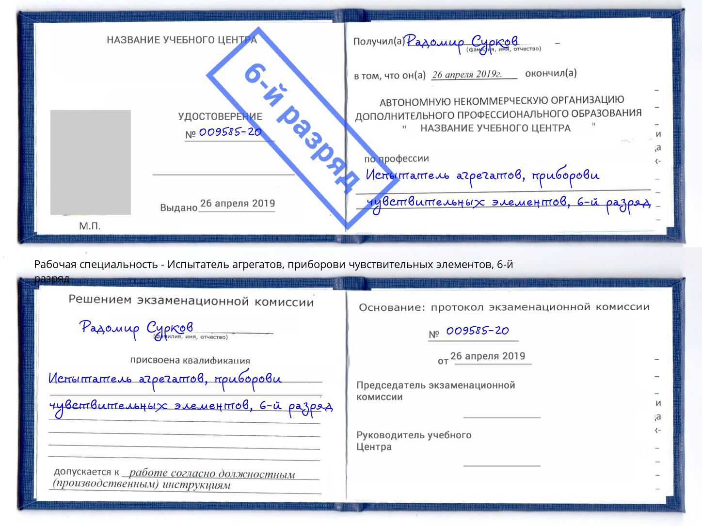 корочка 6-й разряд Испытатель агрегатов, приборови чувствительных элементов Обнинск