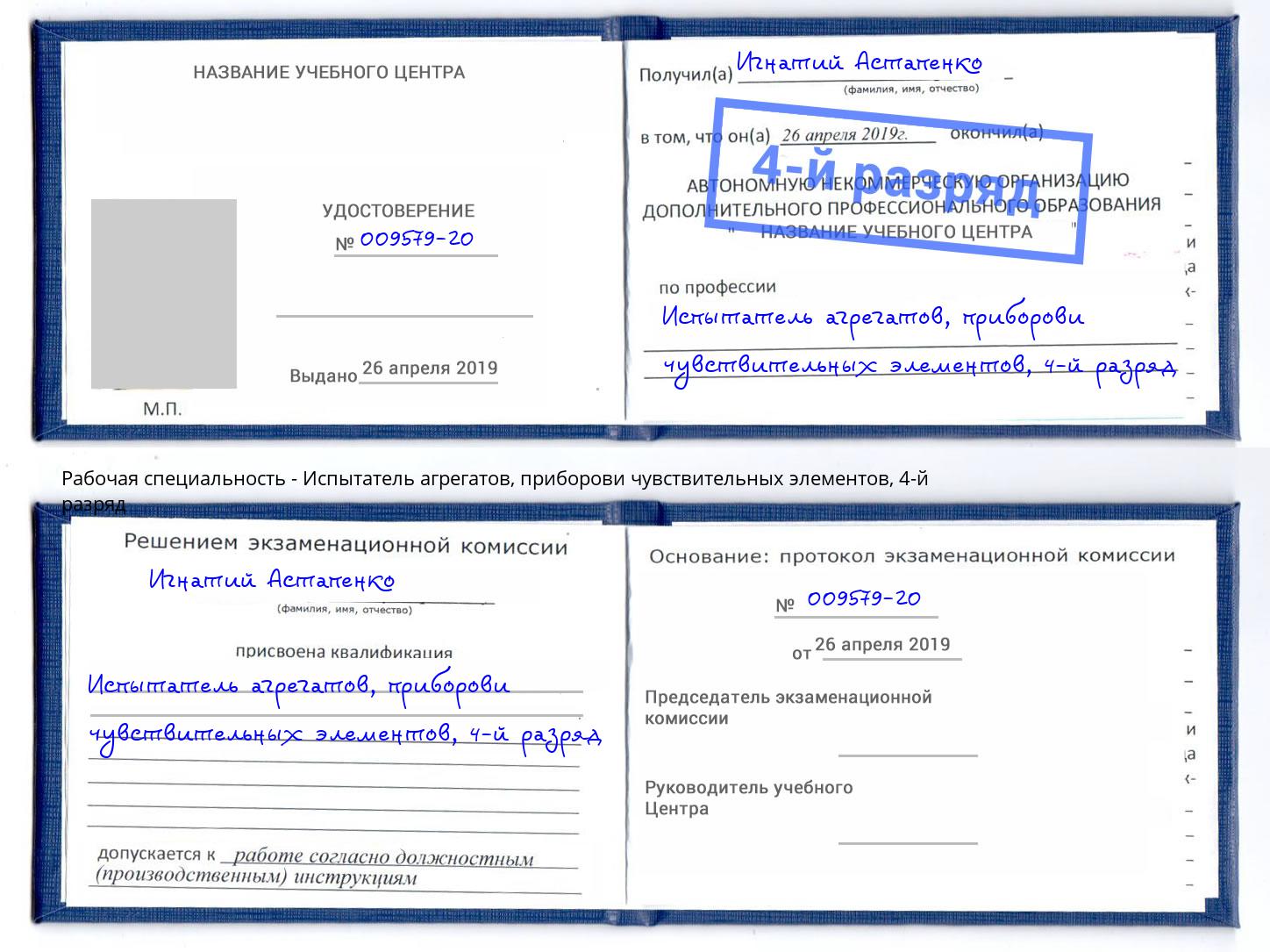 корочка 4-й разряд Испытатель агрегатов, приборови чувствительных элементов Обнинск