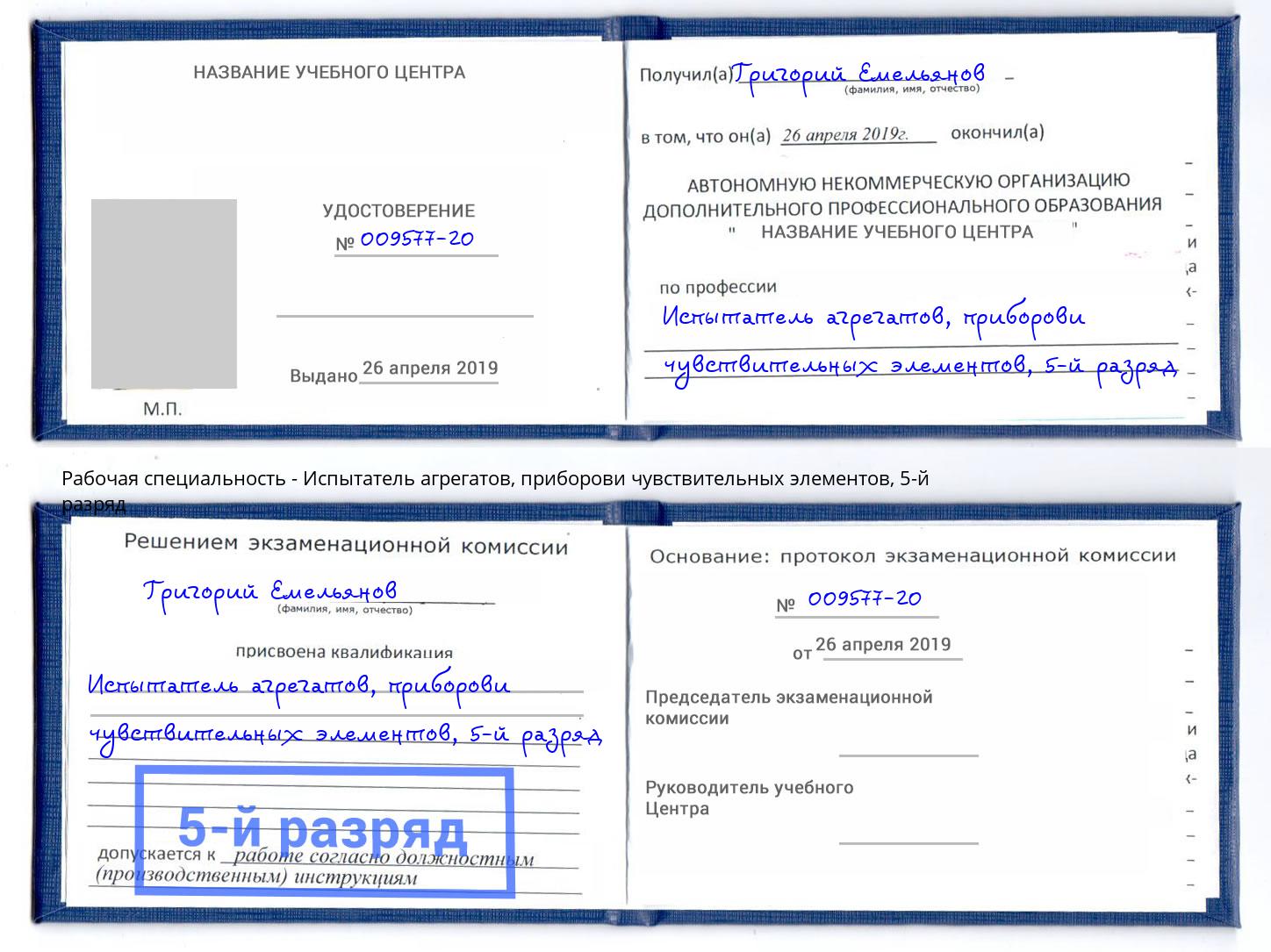 корочка 5-й разряд Испытатель агрегатов, приборови чувствительных элементов Обнинск