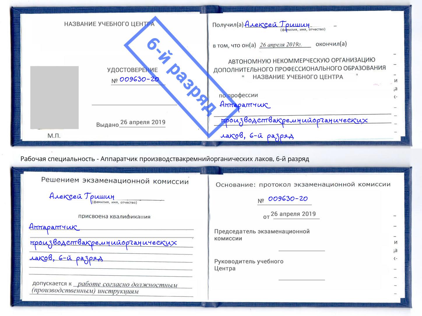 корочка 6-й разряд Аппаратчик производствакремнийорганических лаков Обнинск