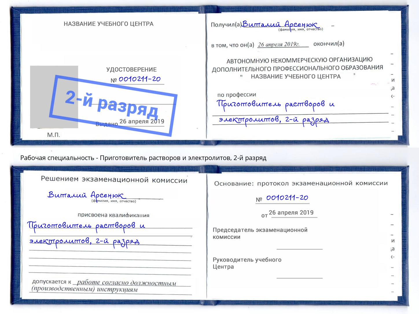 корочка 2-й разряд Приготовитель растворов и электролитов Обнинск
