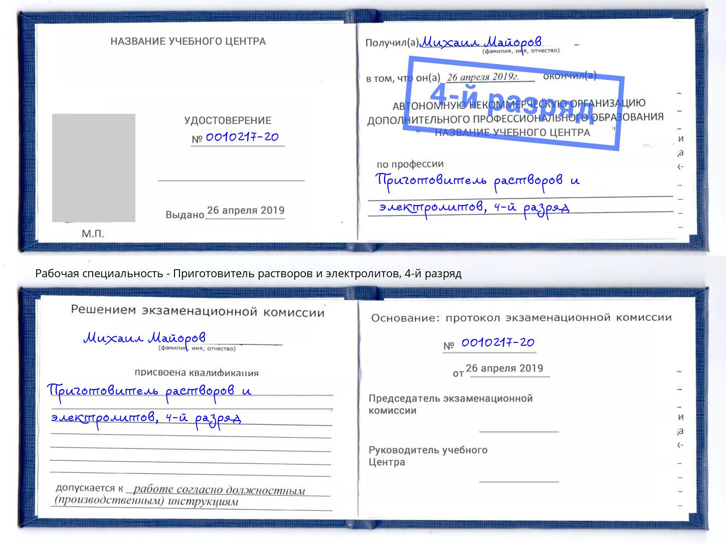 корочка 4-й разряд Приготовитель растворов и электролитов Обнинск