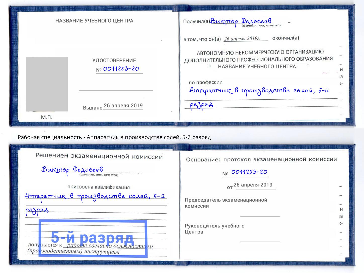 корочка 5-й разряд Аппаратчик в производстве солей Обнинск