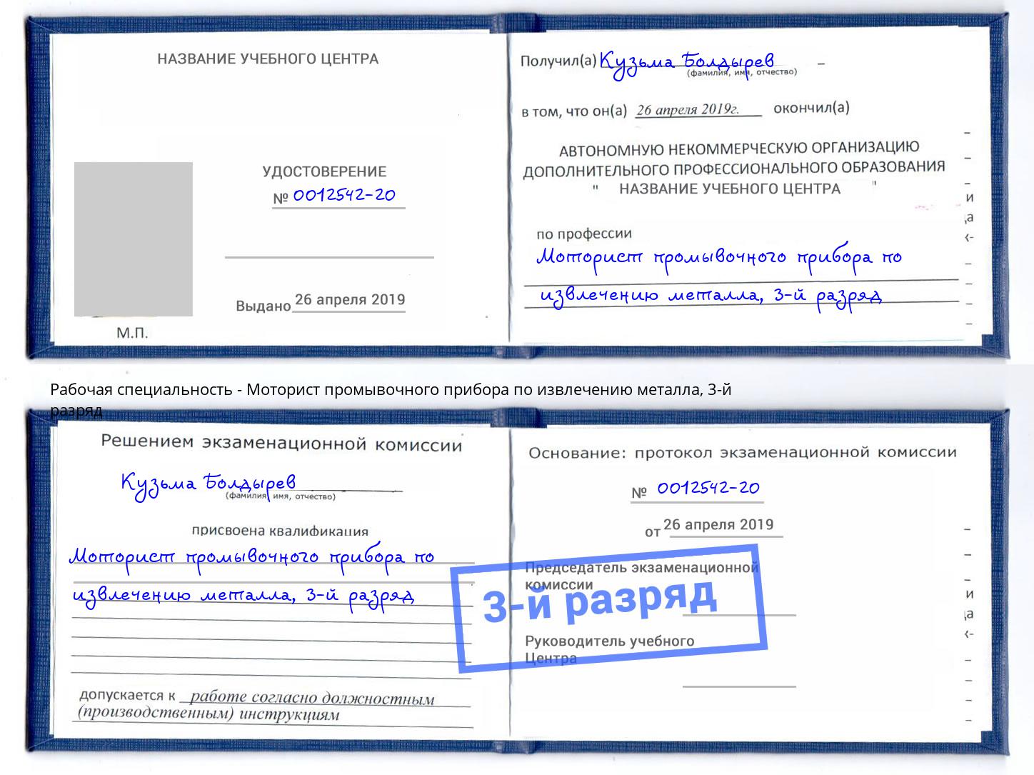 корочка 3-й разряд Моторист промывочного прибора по извлечению металла Обнинск